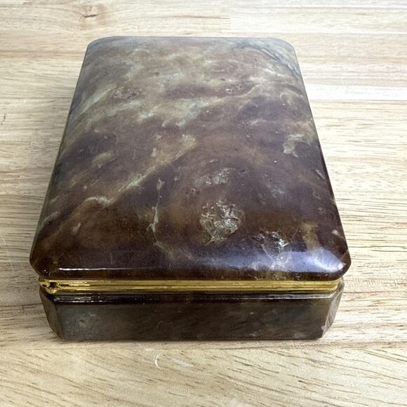 Vintage Genuine Alabaster Marble Hinge Jewelry Trinket Box Italy Gold Brass - Picture 6 of 9